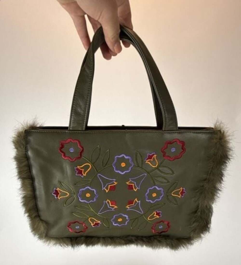 Franchi Olive Green Floral Embroidered Faux Fur Trim Tote Handbag